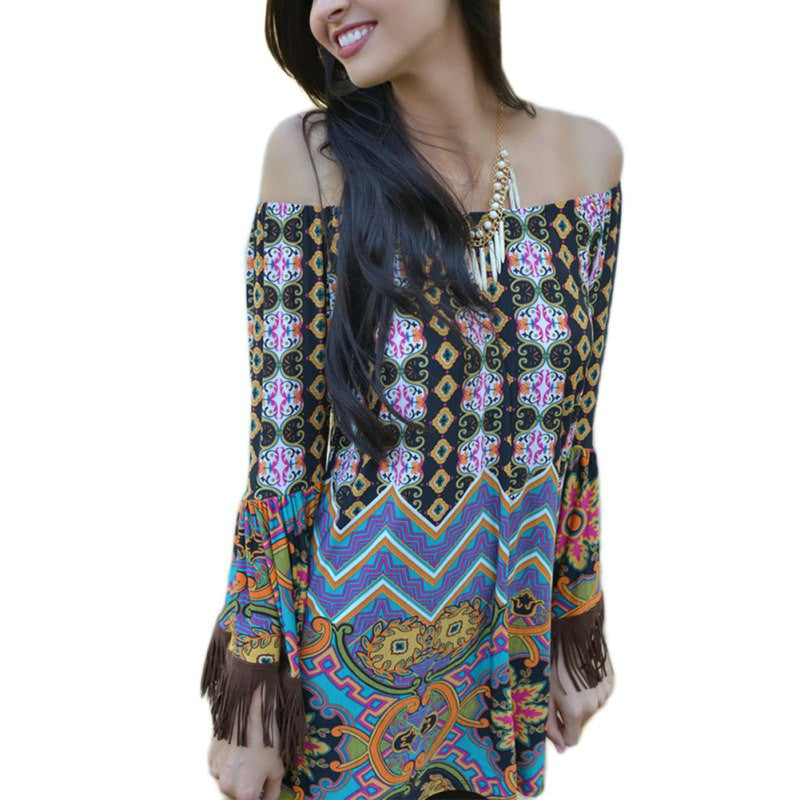 New Bohemian Elegant Dress Slash Neck Beach European Style Sexy Women Dress Clothing H86 SM6