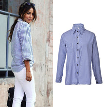 Casual Loose Long Sleeve Tops Street Femme Blusas Cotton Tops White   Blue Women Striped Shirts SM6