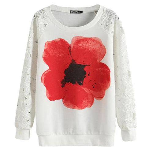 Casual Women Round Neck Sweatshirts Lace Hollow Out Pullovers Loose Bottom Plus Size SM6