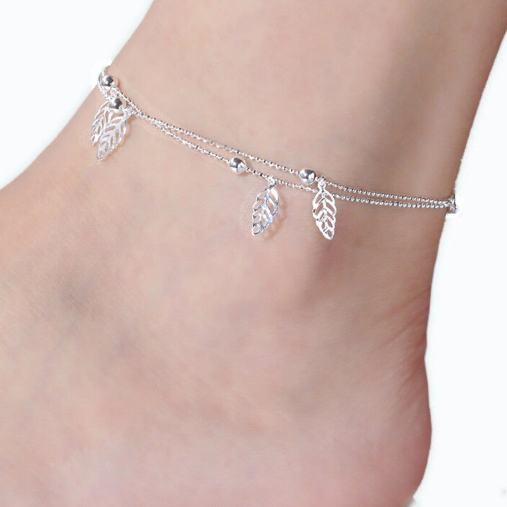 Double Chain Leaf Anklet Women Chain Ankle Bracelet Foot Jewelry for women lady's Barefoot Beach Gift SM6