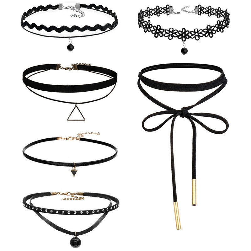 6 pcs vintage Retro Black Velvet Lace Triangle Choker Necklace Women Gothic Chocker Collares SM6