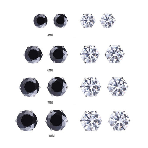 8Pair Stainless Steel Mens Womens Stud Earrings Black Round Cubic Zirconia Inlaid SM6