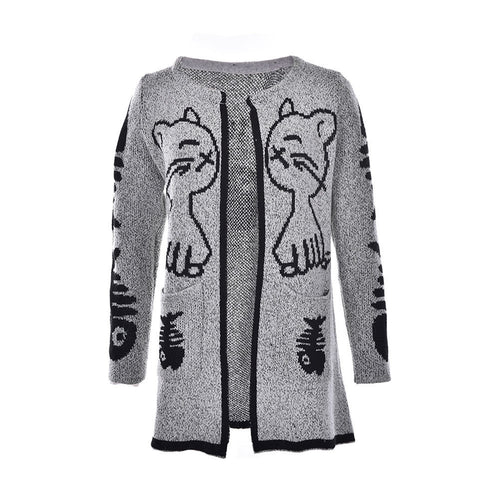 Cartoon Cat   Fish Bones Printing Cardigan Women Long Sleeve Knitted Sweater Cardigans SM6