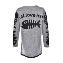 Cartoon Cat   Fish Bones Printing Cardigan Women Long Sleeve Knitted Sweater Cardigans SM6