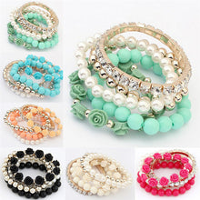 C y Color imitation pearl Rose Flower Multilayer Beads Stretch Charm Bracelet   Bangle For Women SM6