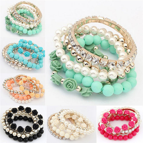 C y Color imitation pearl Rose Flower Multilayer Beads Stretch Charm Bracelet   Bangle For Women SM6