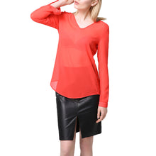 Chiffon T-Shirt Women T-shirt V-Neck Rolled Sleeve Ruched Back Asymmetric Hem Sheer Women Tops Blusas Red SM6
