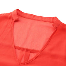 Chiffon T-Shirt Women T-shirt V-Neck Rolled Sleeve Ruched Back Asymmetric Hem Sheer Women Tops Blusas Red SM6