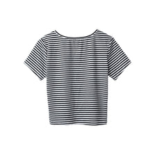 Crop Top Women T-shirt Stripe Round Neck Short Sleeve Tee Shirt Button Casual Short T Shirt Women Tops White SM6