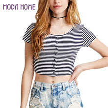Crop Top Women T-shirt Stripe Round Neck Short Sleeve Tee Shirt Button Casual Short T Shirt Women Tops White SM6