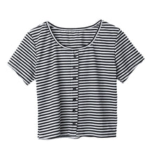 Crop Top Women T-shirt Stripe Round Neck Short Sleeve Tee Shirt Button Casual Short T Shirt Women Tops White SM6