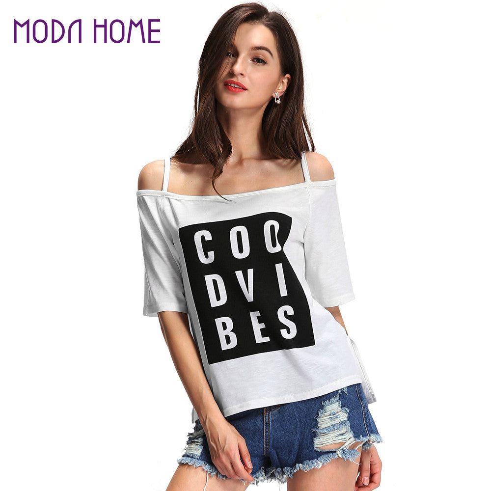 Letter Print Tshirt Women Slash Neck Stripes Tee Shirt Short Sleeves Asymmetric Hem T-shirt Casual Women Tops White SM6