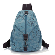 Women Printed Canvas Backpack Leather Metal Zipper Casual Graffiti Schoolbag Travel Bag BlueKhakiGrey SM6