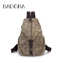 Women Printed Canvas Backpack Leather Metal Zipper Casual Graffiti Schoolbag Travel Bag BlueKhakiGrey SM6