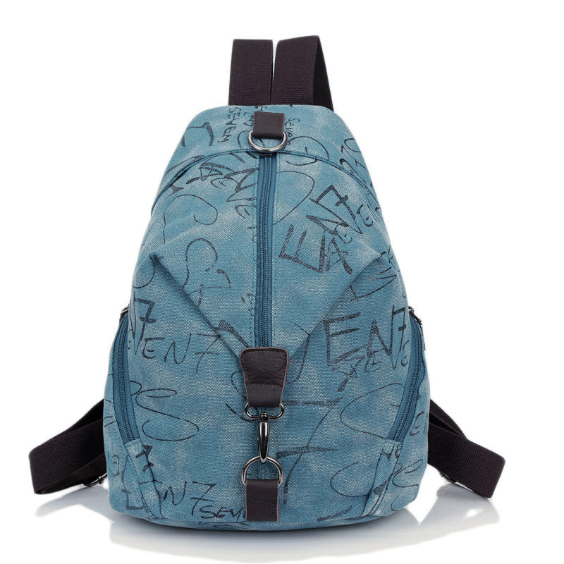 Women Printed Canvas Backpack Leather Metal Zipper Casual Graffiti Schoolbag Travel Bag BlueKhakiGrey SM6