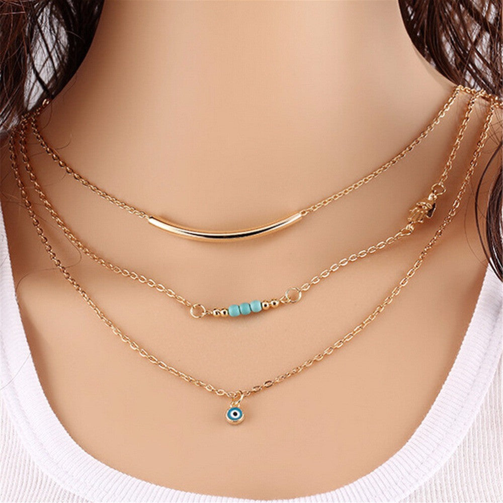 Long Pendant Necklaces Gold Plated Fatima H   Evil Eye 3 Layer Chain Necklace multilayer Necklaces SM6