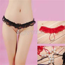 Women's Open Crotch Lace Thong with Pearls G String Sexy Beading Panties Massaging Underwear Erotic Lingerie Sex Toy SM6