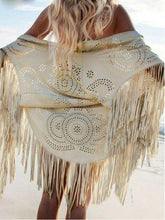 Design Coat Shawl Beige Cream Floral Cut Out Asymmetric Fringe Tasseled Kimono Cover SM6