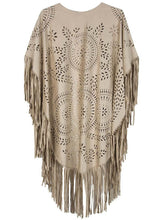 Design Coat Shawl Beige Cream Floral Cut Out Asymmetric Fringe Tasseled Kimono Cover SM6