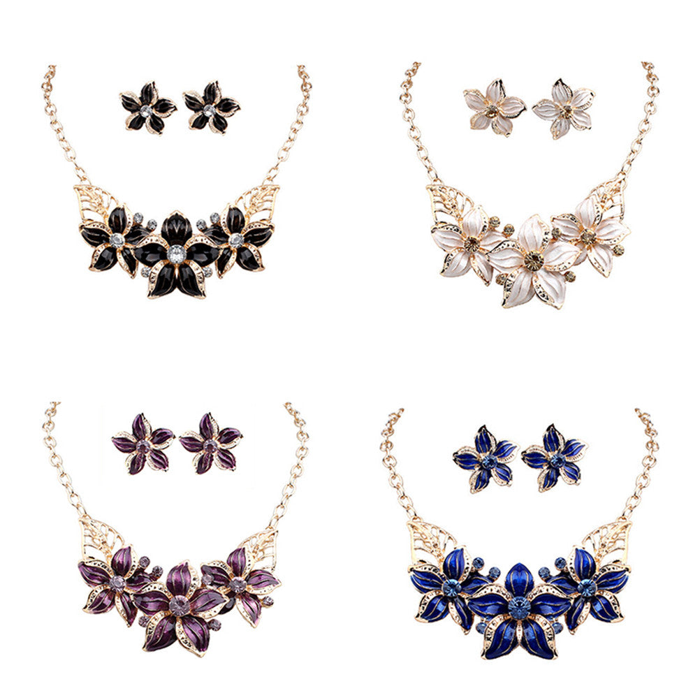 Woman Lady Party Oil Drop Flower Romantic WF Jewelry Set Necklace Earrings SM6