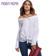 Women Off Shoulder Blouse Fold-Over Slash Neck Blusas Slit at Cuff Self-Tie Asymmetric Hem Casual Top White Camisa Feminina SM6