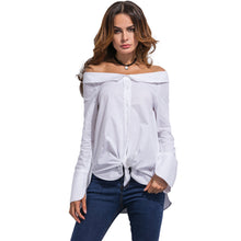 Women Off Shoulder Blouse Fold-Over Slash Neck Blusas Slit at Cuff Self-Tie Asymmetric Hem Casual Top White Camisa Feminina SM6