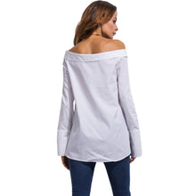 Women Off Shoulder Blouse Fold-Over Slash Neck Blusas Slit at Cuff Self-Tie Asymmetric Hem Casual Top White Camisa Feminina SM6