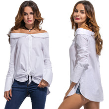 Women Off Shoulder Blouse Fold-Over Slash Neck Blusas Slit at Cuff Self-Tie Asymmetric Hem Casual Top White Camisa Feminina SM6
