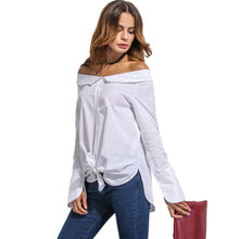 Women Off Shoulder Blouse Fold-Over Slash Neck Blusas Slit at Cuff Self-Tie Asymmetric Hem Casual Top White Camisa Feminina SM6