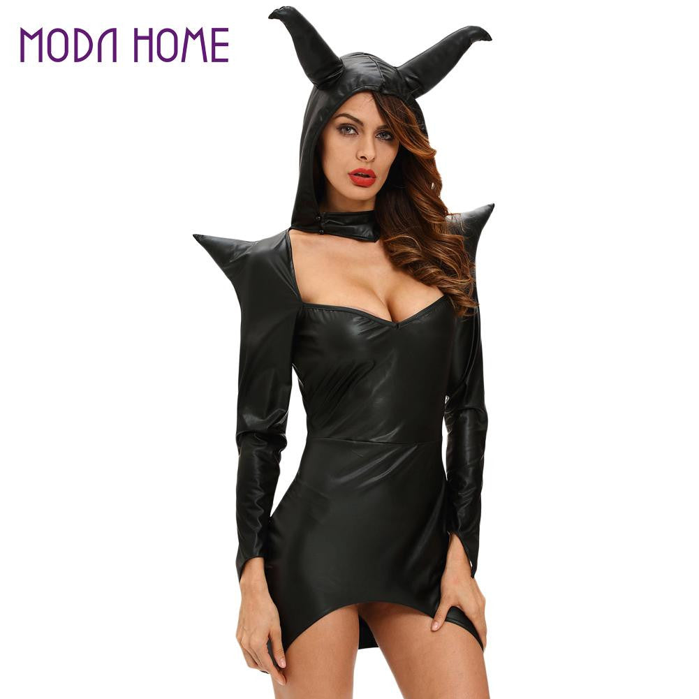 Women Sexy Halloween Witch Costume Cosplay Dark Sorceress Mini Wicca Dress Horn High Low Hem PU Leather Hooded Uniform Black SM6