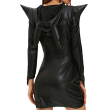Women Sexy Halloween Witch Costume Cosplay Dark Sorceress Mini Wicca Dress Horn High Low Hem PU Leather Hooded Uniform Black SM6