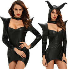 Women Sexy Halloween Witch Costume Cosplay Dark Sorceress Mini Wicca Dress Horn High Low Hem PU Leather Hooded Uniform Black SM6