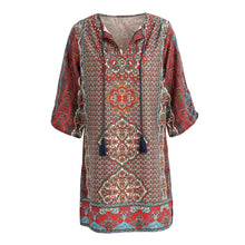 Women Vintage Shirt Dress Floral Print Tie Neck Half Sleeve Ethnic Boho Dress Loose Shift Mini Dress Red  SM6