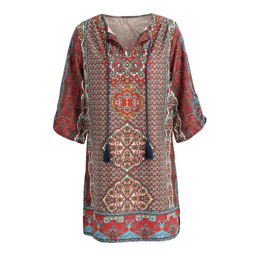 Women Vintage Shirt Dress Floral Print Tie Neck Half Sleeve Ethnic Boho Dress Loose Shift Mini Dress Red  SM6