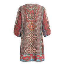 Women Vintage Shirt Dress Floral Print Tie Neck Half Sleeve Ethnic Boho Dress Loose Shift Mini Dress Red  SM6