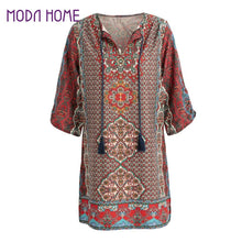 Women Vintage Shirt Dress Floral Print Tie Neck Half Sleeve Ethnic Boho Dress Loose Shift Mini Dress Red  SM6