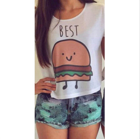 Women's T-shirt Casual Hamburger   French Fries Printing Character O-neck Short Clothes Chiffon SM6