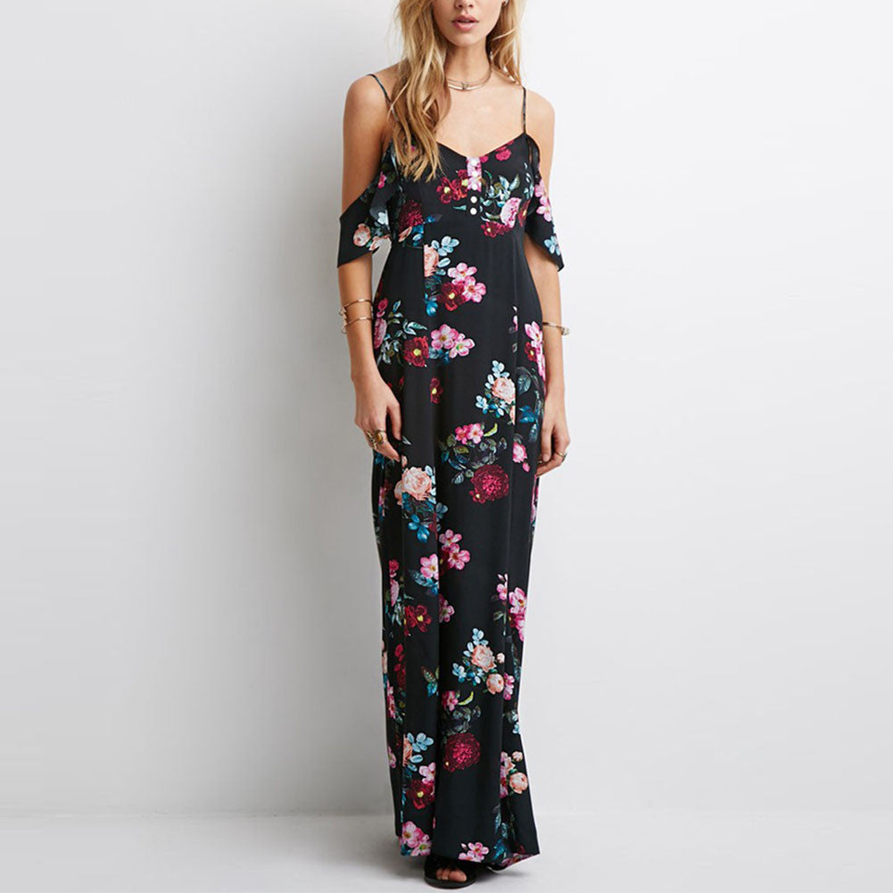 Off Shoulder Boho Beach dress casual Sleeveless Chiffon Women Maxi Retro Floral Print Evening Long Party Dresses SM6