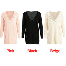 Off White Women Knitted Sweater And Pullover Drawstring Neck Jumper Split Long Sleeve Lace Up Sweater Loose Long Top Pull  SM6