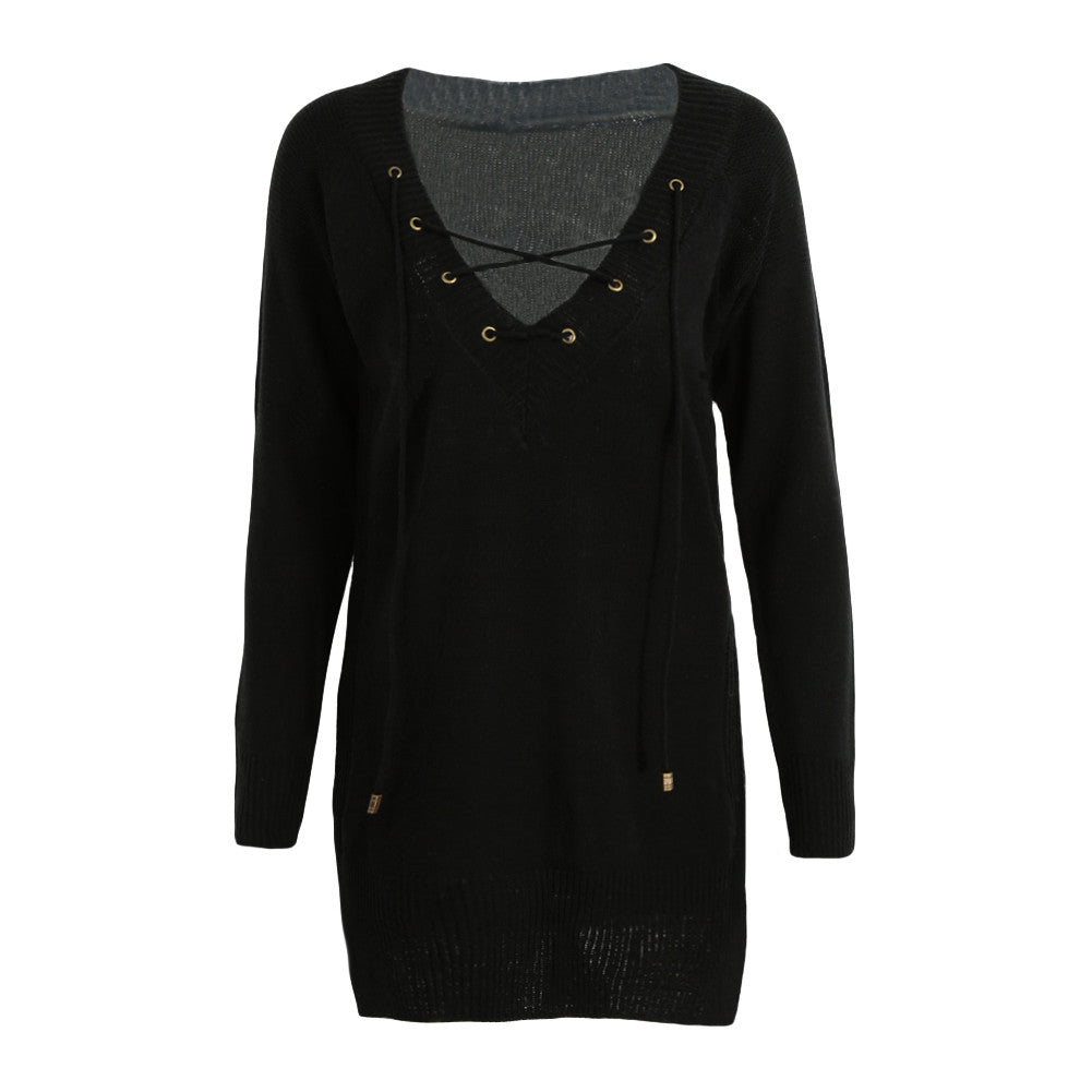 Off White Women Knitted Sweater And Pullover Drawstring Neck Jumper Split Long Sleeve Lace Up Sweater Loose Long Top Pull  SM6
