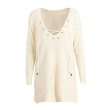 Off White Women Knitted Sweater And Pullover Drawstring Neck Jumper Split Long Sleeve Lace Up Sweater Loose Long Top Pull  SM6