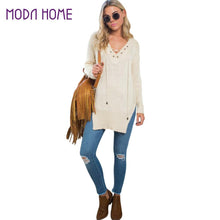 Off White Women Knitted Sweater And Pullover Drawstring Neck Jumper Split Long Sleeve Lace Up Sweater Loose Long Top Pull  SM6