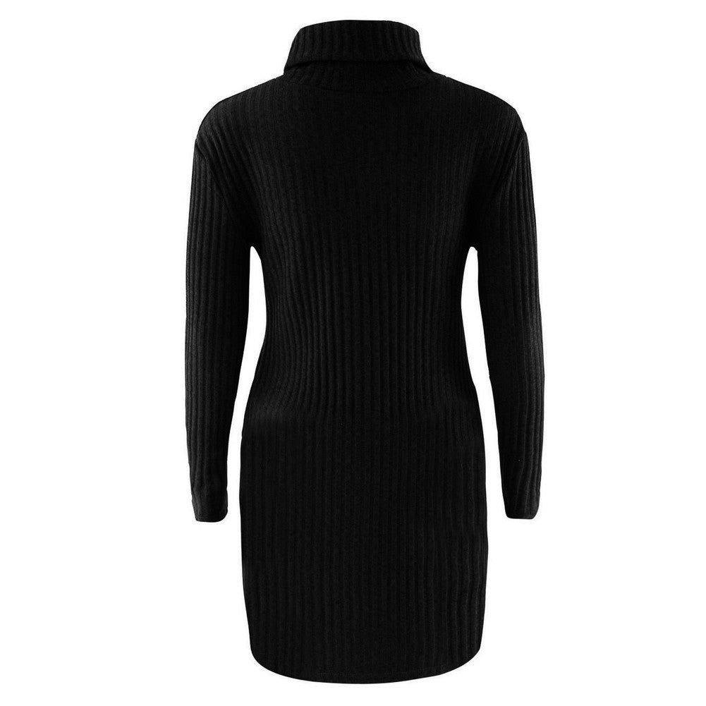 Plus Size Women Knitted Dress Solid Turtleneck Sweater Dress Long Sleeve Casual Party Mini Dress Long Ladies Pullover SM6
