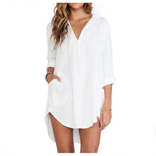 Pocket Pullover Long Blouse Plain White Long Sleeve Shirt Loose Long to Hip Camisas Mini Sexy Dress for Women Girls SM6