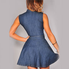 Present Belt   A Line Ladies Denim Dress Shirt Sexy Mini Dress Sleeveless Slim Short Denim Dresses For Wo SM6