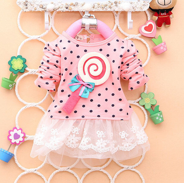 Princess Baby Kids Girls Lace Dress Candy Polka Dot Print Long Sleeve Shirt Dresses SM6