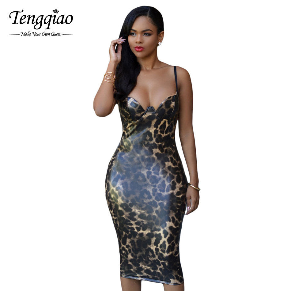 Pu Leather Dress   Backless Sexy Dress Club Wear Back Split Party Night Long Bodycon Leopard Dress SM6