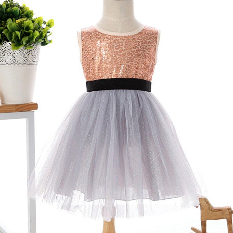 Red/Beige/Gray Girls Clothes Infant Sleeveless Kids Prom Dresses Tulle Sequins Princess Dress Costumes SM6