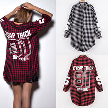 Red Women Boyfriend BF Style Monogrammed Plaid Long Sleeves Long Oversized Loose Shirt W  Back Letter   Numbers Print SM6