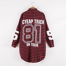 Red Women Boyfriend BF Style Monogrammed Plaid Long Sleeves Long Oversized Loose Shirt W  Back Letter   Numbers Print SM6